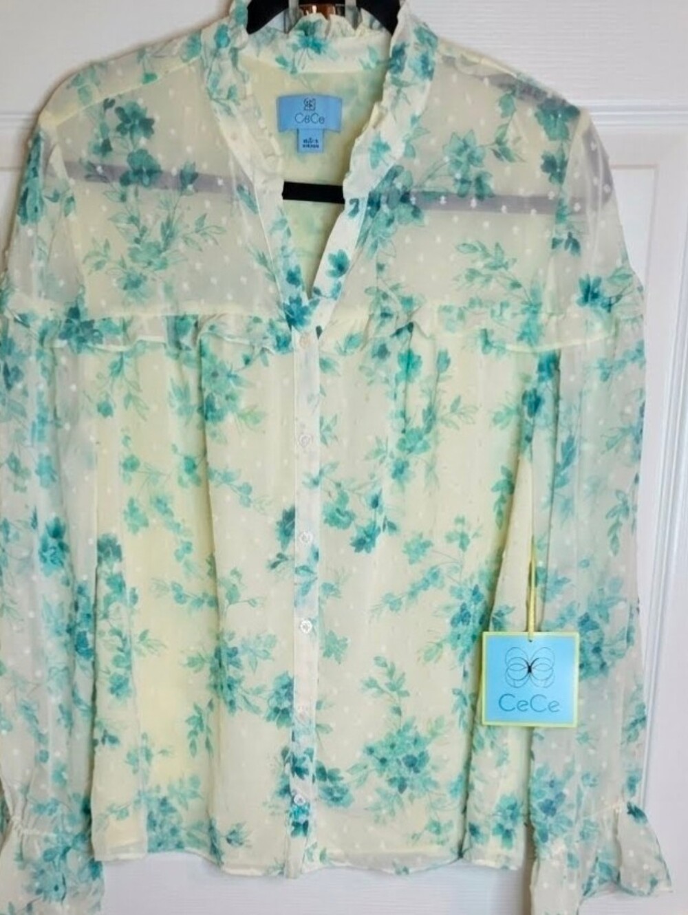 NWT CeCe L Swiss Dot Floral Ruffle Yellow Teal Blouse Shirt Romantic Lined Lslv - Picture 2 of 11